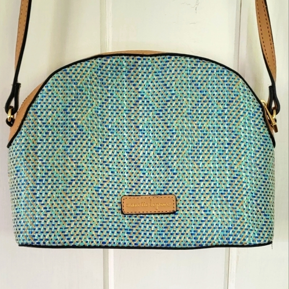 Nanette Lepore Teal Blue & Beige Woven Crossbody Bag
